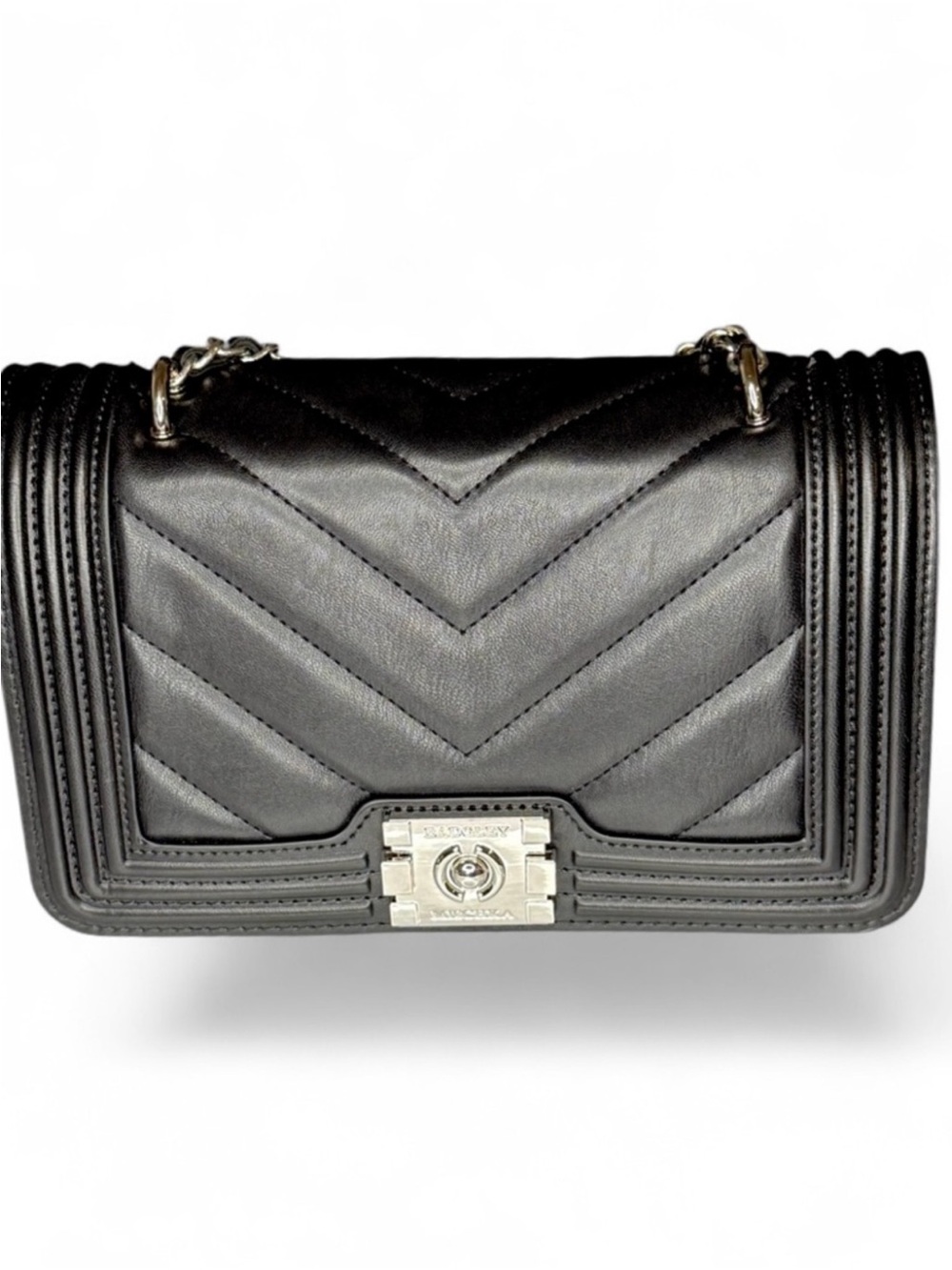 Badgley Mischka Black Quilted Leather Shoulder Bag with Silver Hardware
